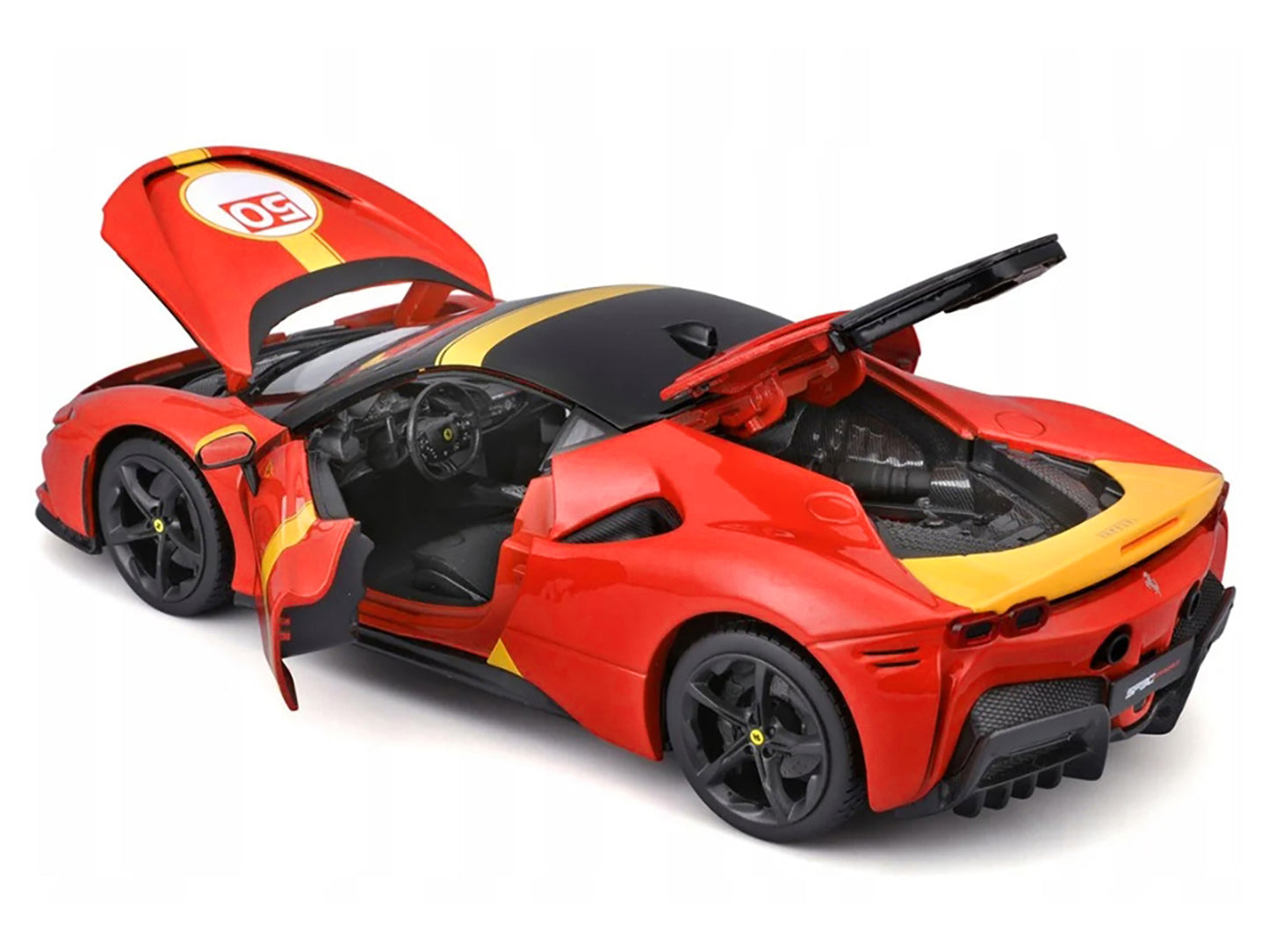 Ferrari SF90 Stradale Assetto Fiorano #50 Red with Black Top and Yellow Stripes "Race + Play" Series 1/18 Diecast Model Car by Bburago