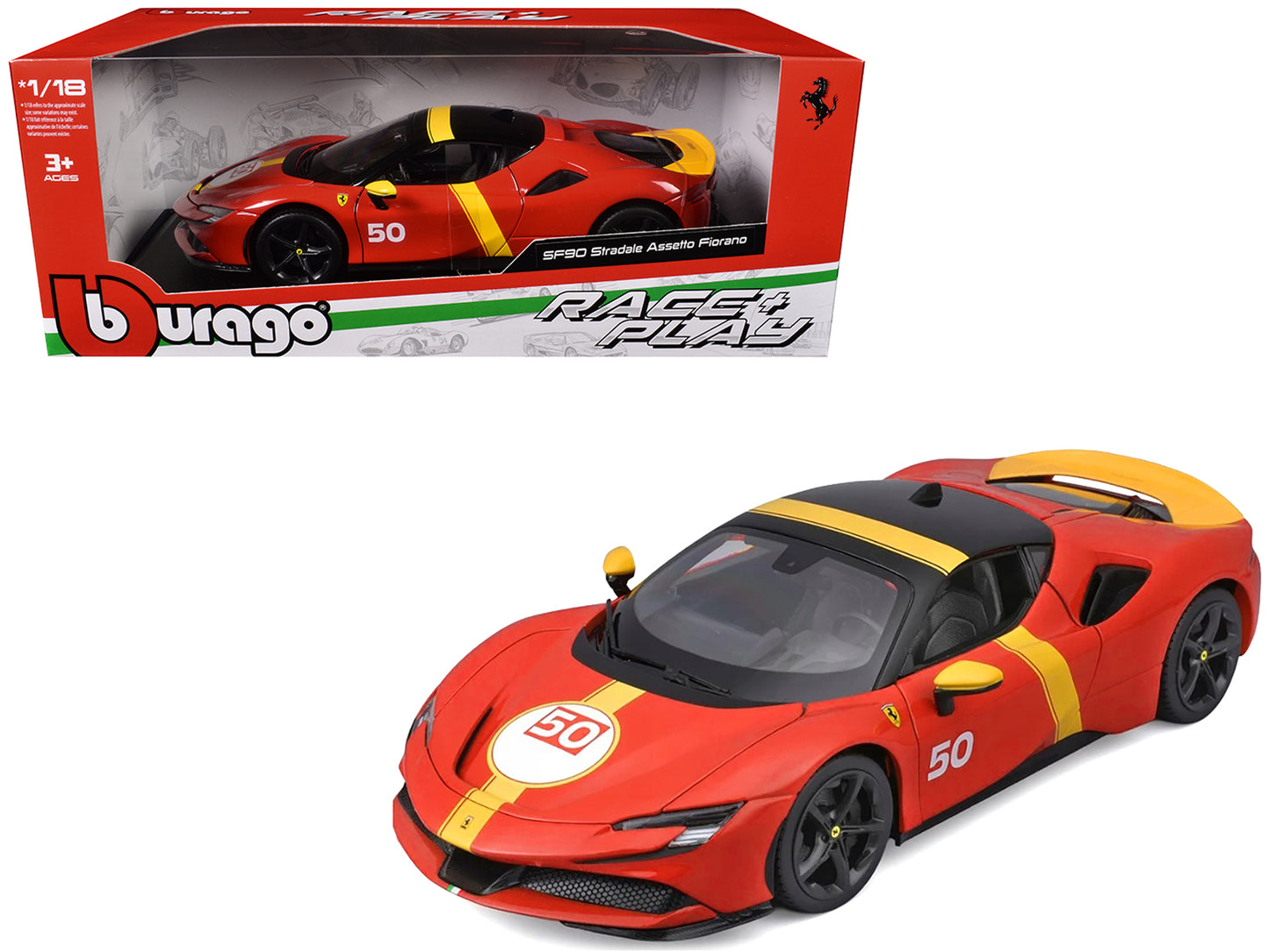 Ferrari SF90 Stradale Assetto Fiorano #50 Red with Black Top and Yellow Stripes "Race + Play" Series 1/18 Diecast Model Car by Bburago