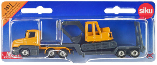 Truck with Low Loader Trailer and Excavator Yellow Diecast Model by Siku-DiecastModeler.com