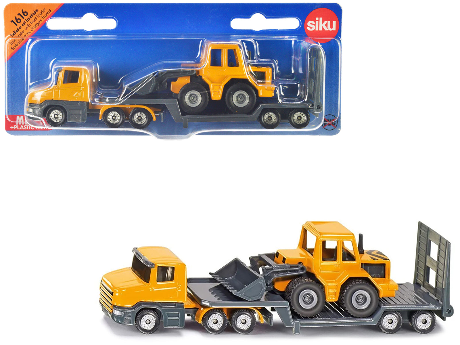 Truck with Low Loader Trailer and Front Loader Yellow Diecast Model by Siku-DiecastModeler.com