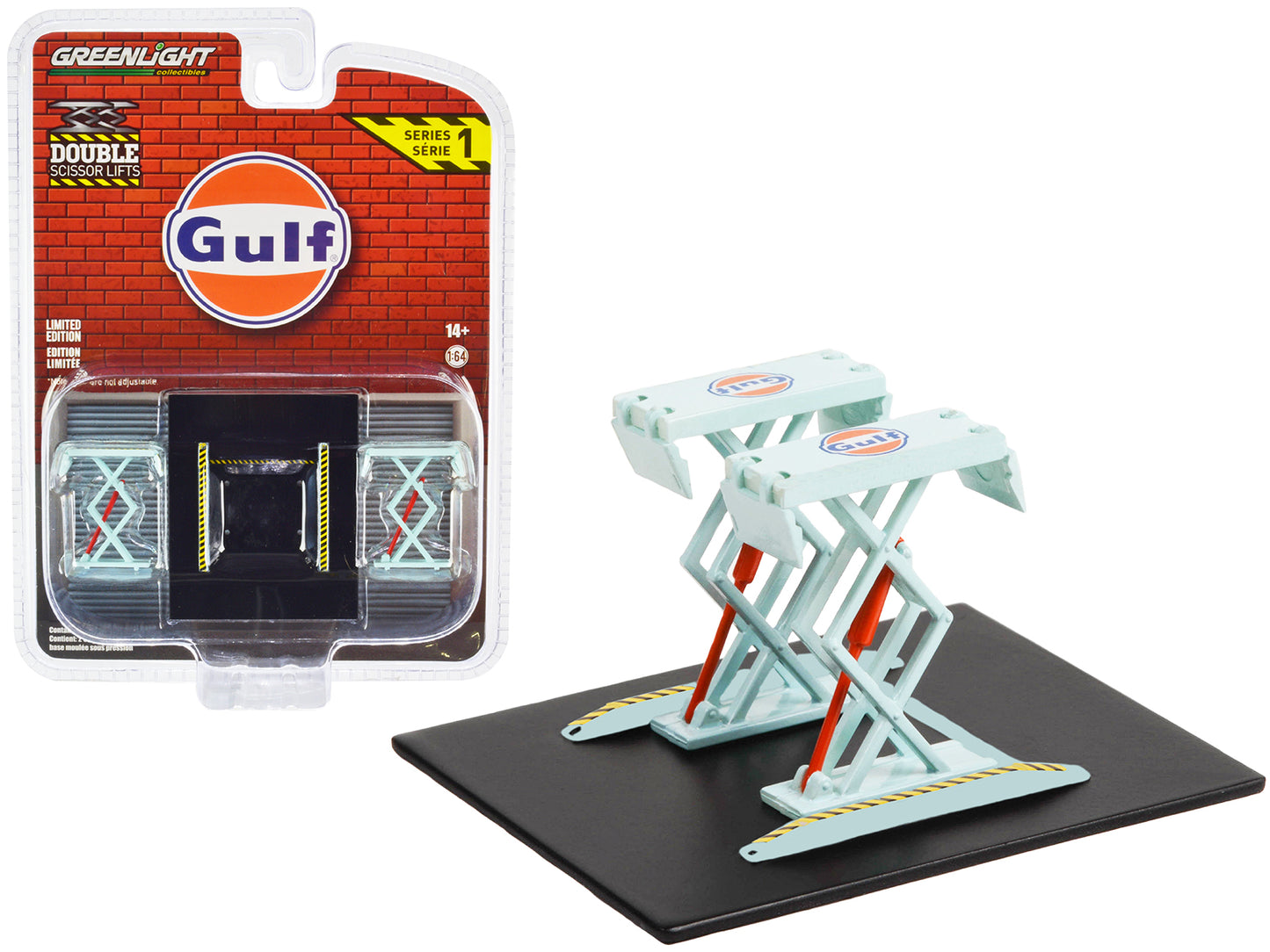 Automotive Double Scissor Lift "Gulf Oil" Light Blue "Double Scissor Lifts" Series 1 1/64 Diecast Model by Greenlight-DiecastModeler.com