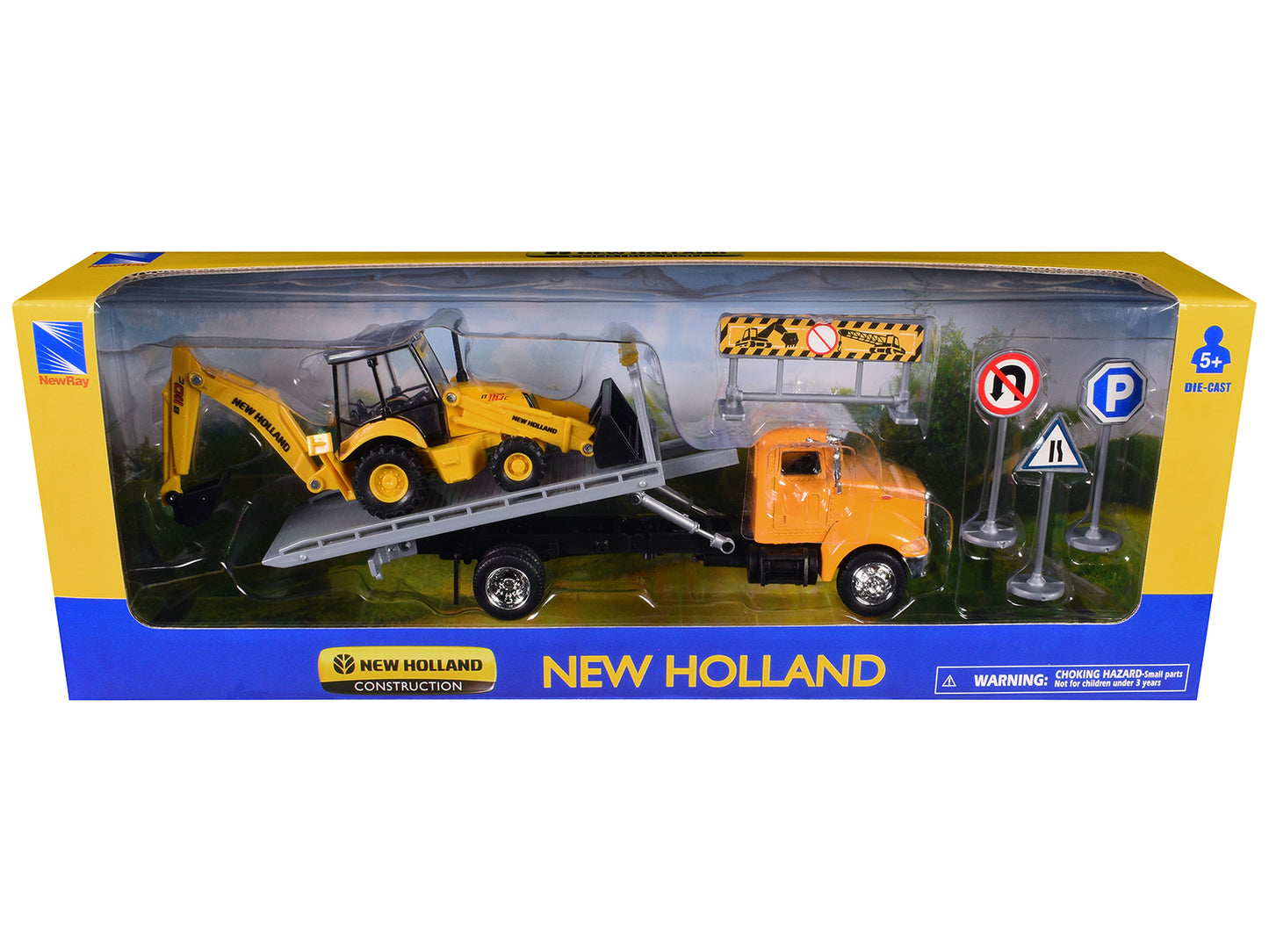 Peterbilt 335 Roll-Off Flatbed Truck and New Holland B110C Backhoe Loader with Street Signs "New Holland Construction" Diecast Models by New Ray-DiecastModeler.com