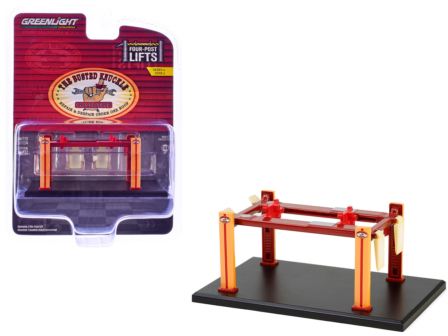 Adjustable Four-Post Lift "Busted Knuckle Garage" Red and Yellow "Four-Post Lifts" Series 6 1/64 Diecast Model by Greenlight-DiecastModeler.com