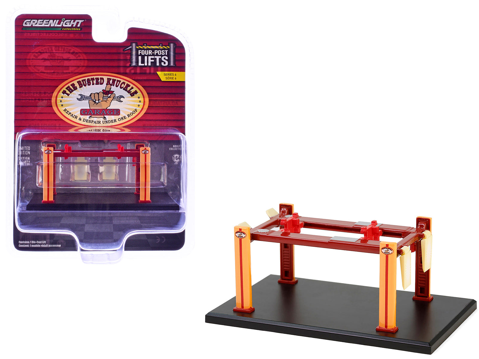 Adjustable Four-Post Lift "Busted Knuckle Garage" Red and Yellow "Four-Post Lifts" Series 6 1/64 Diecast Model by Greenlight-DiecastModeler.com