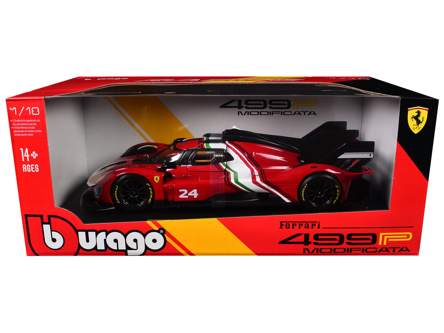 Ferrari 499P Modificata #24 Red with Italian Flag Stripes "Racing" Series 1/18 Diecast Model Car by Bburago