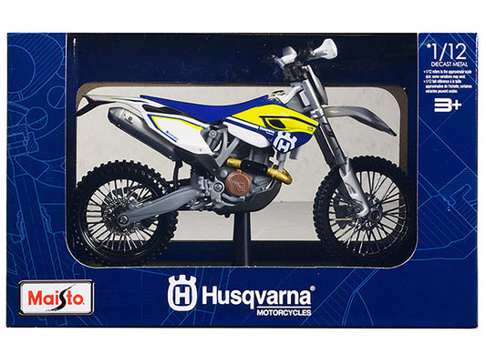 Husqvarna FE 501 White and Blue with Yellow Stripes 1/12 Diecast Motorcycle Model by Maisto-DiecastModeler.com