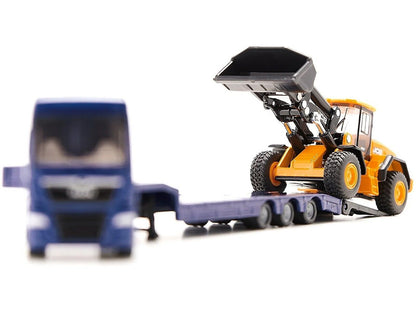 MAN Truck Blue Metallic with Low Loader Trailer and JCB 457 Wheel Loader Yellow 1/87 (HO) Diecast Model by Siku-DiecastModeler.com