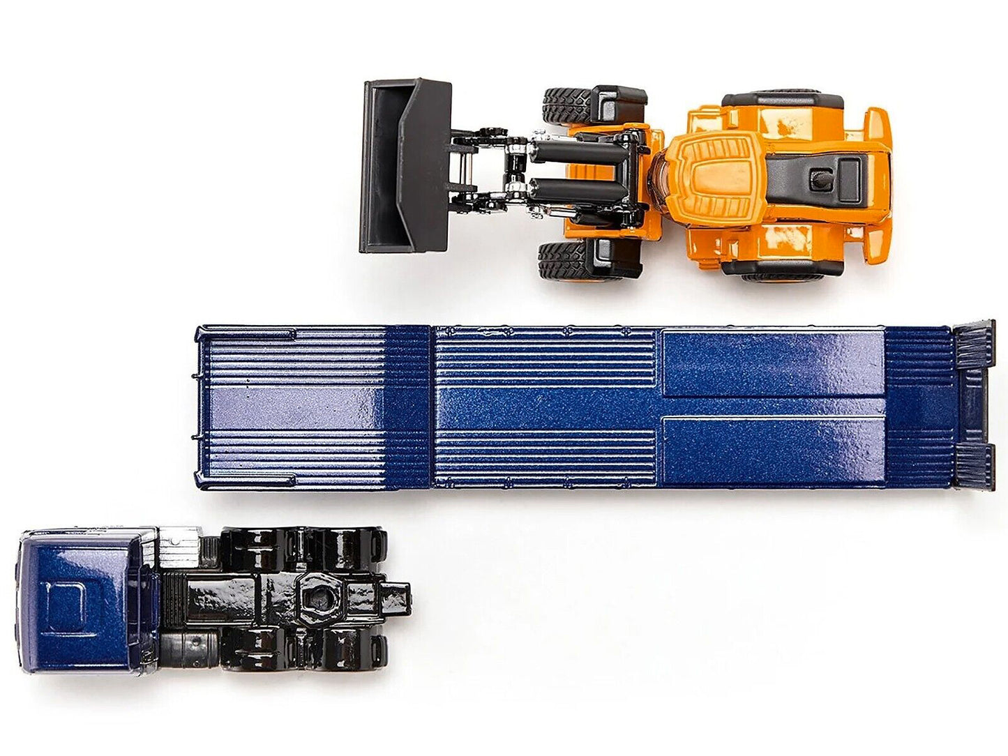 MAN Truck Blue Metallic with Low Loader Trailer and JCB 457 Wheel Loader Yellow 1/87 (HO) Diecast Model by Siku-DiecastModeler.com