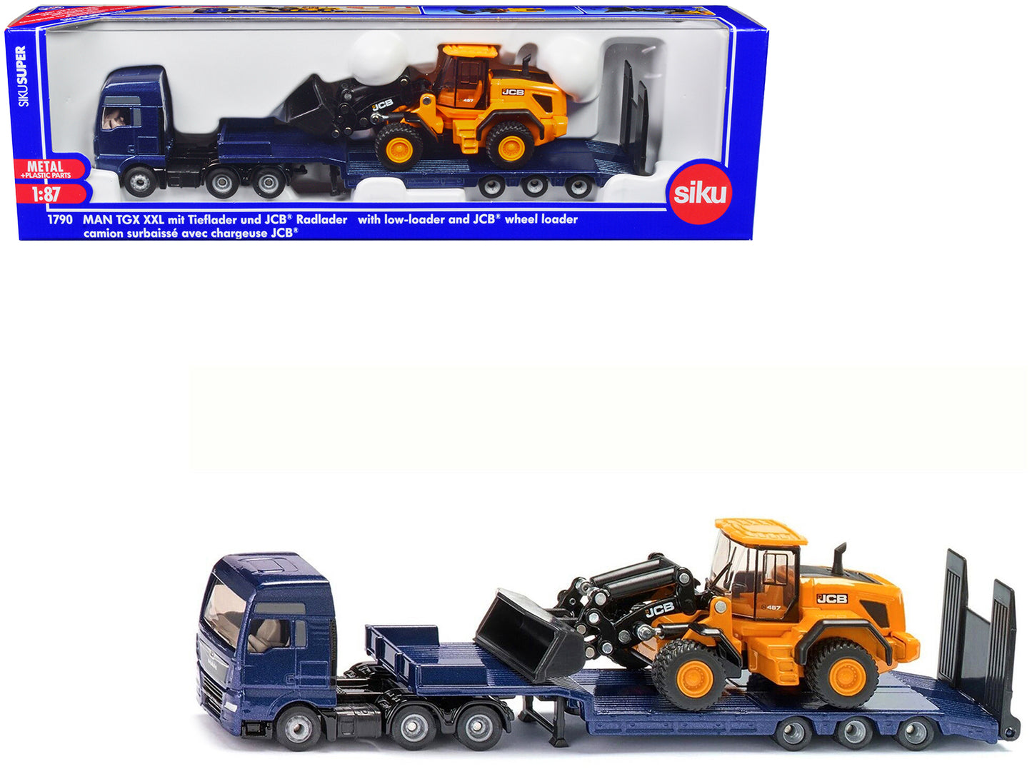 MAN Truck Blue Metallic with Low Loader Trailer and JCB 457 Wheel Loader Yellow 1/87 (HO) Diecast Model by Siku-DiecastModeler.com