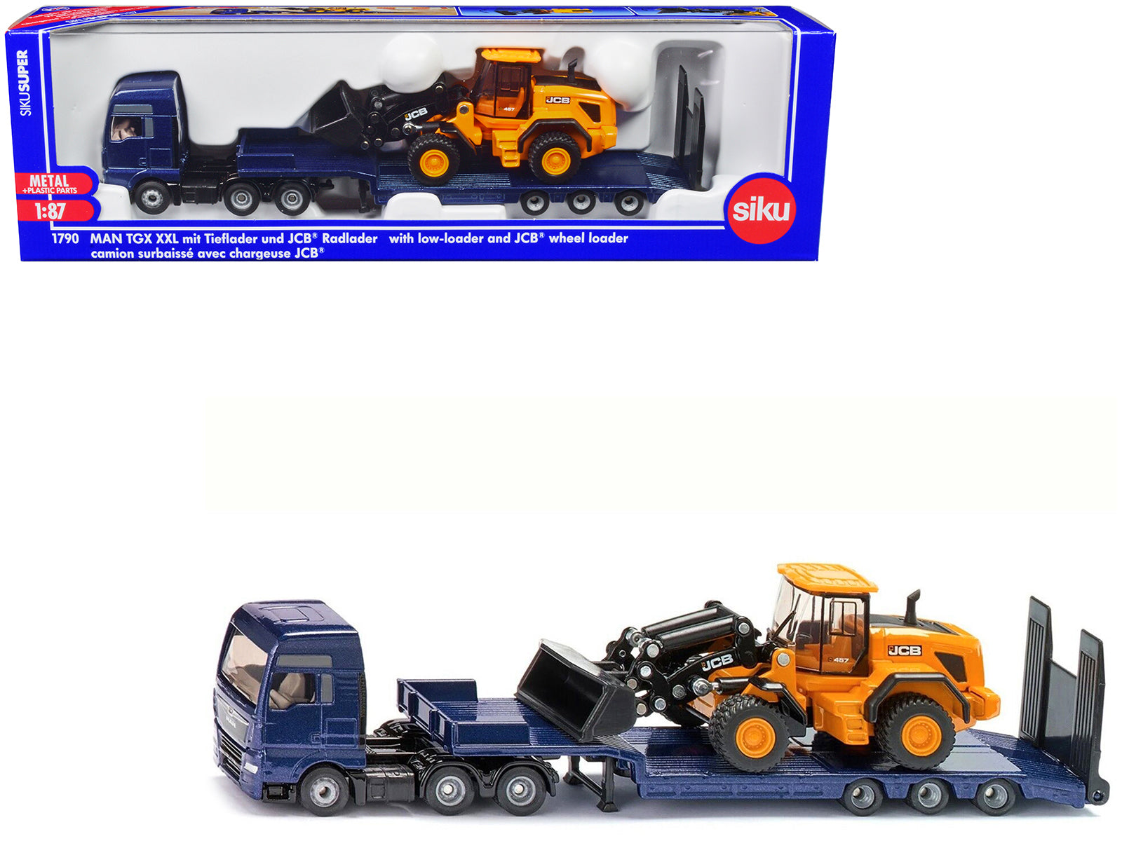 MAN Truck Blue Metallic with Low Loader Trailer and JCB 457 Wheel Loader Yellow 1/87 (HO) Diecast Model by Siku-DiecastModeler.com