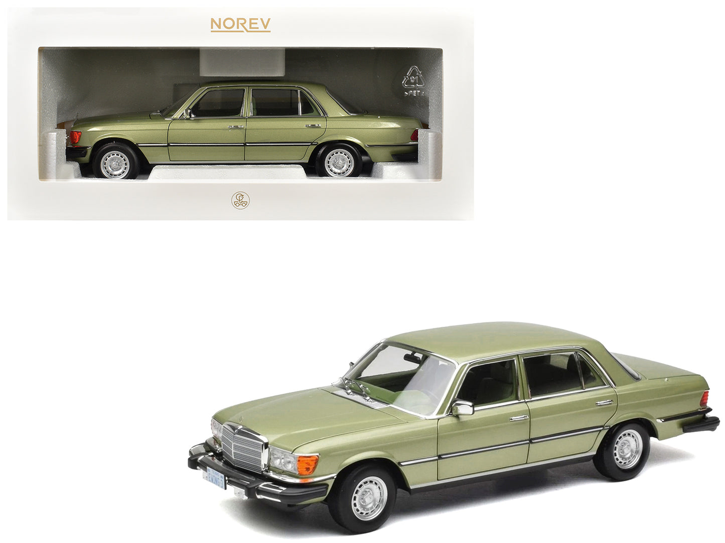 1979 Mercedes-Benz 450 SEL (US Version) Silver Green Metallic with Green Interior 1/18 Diecast Model Car by Norev