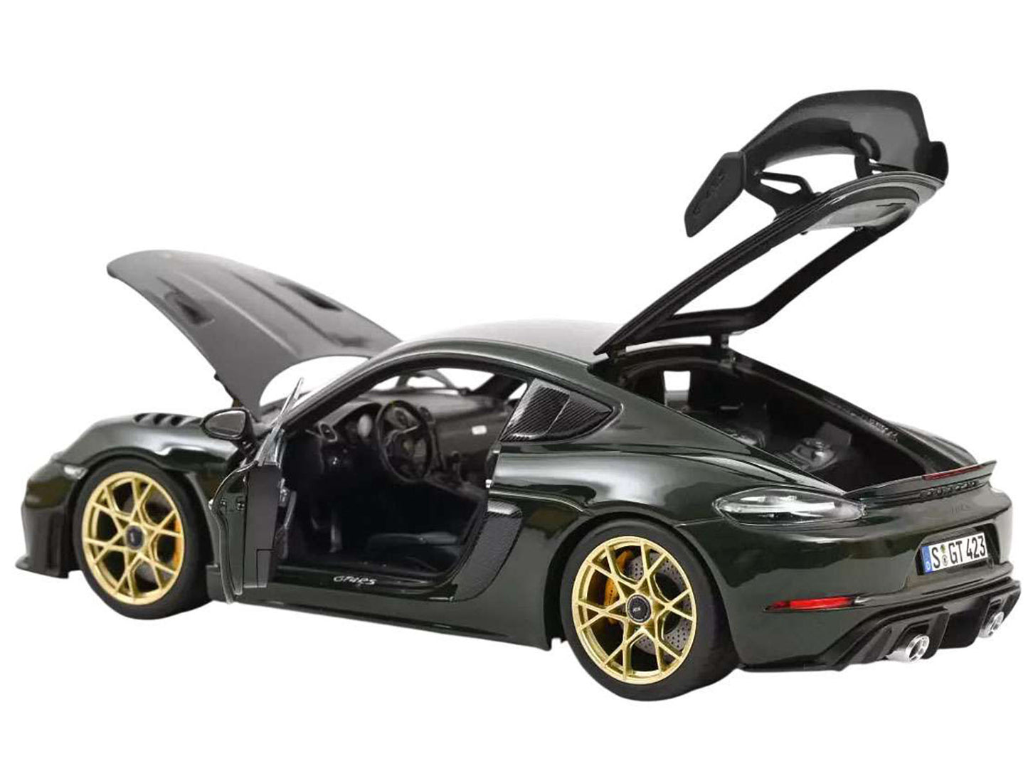 2023 Porsche Cayman GT4 RS Weissach Pack Brewster Green with Carbon Hood 1/18 Diecast Model Car by Norev