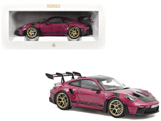 2022 Porsche 911 GT3 RS Weissach Pack Ruby Star Red with Carbon Top and Hood Stripes 1/18 Diecast Model Car by Norev-DiecastModeler.com