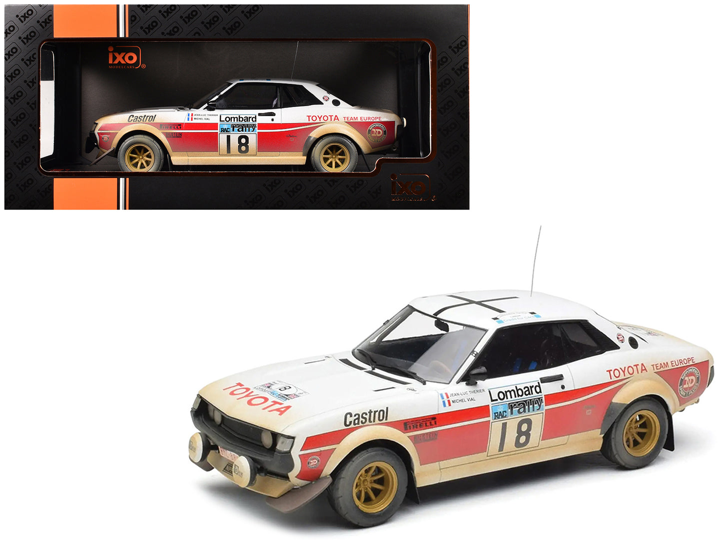 Toyota Celica 2000 GT (RA21) #18 Jean-Luc Therier - Michel Vial (Dirty Version) "RAC Rally" (1977) 1/18 Diecast Model Car by IXO Models-DiecastModeler.com