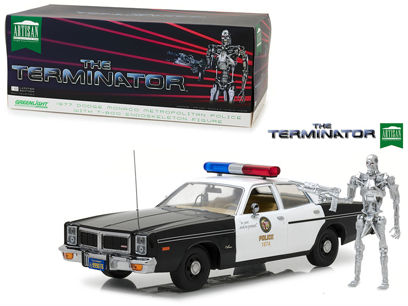1977 Dodge Monaco Metropolitan Police with T-800 Endoskeleton Figurine "The Terminator" (1984) Movie 1/18 Diecast Model Car by Greenlight-DiecastModeler.com
