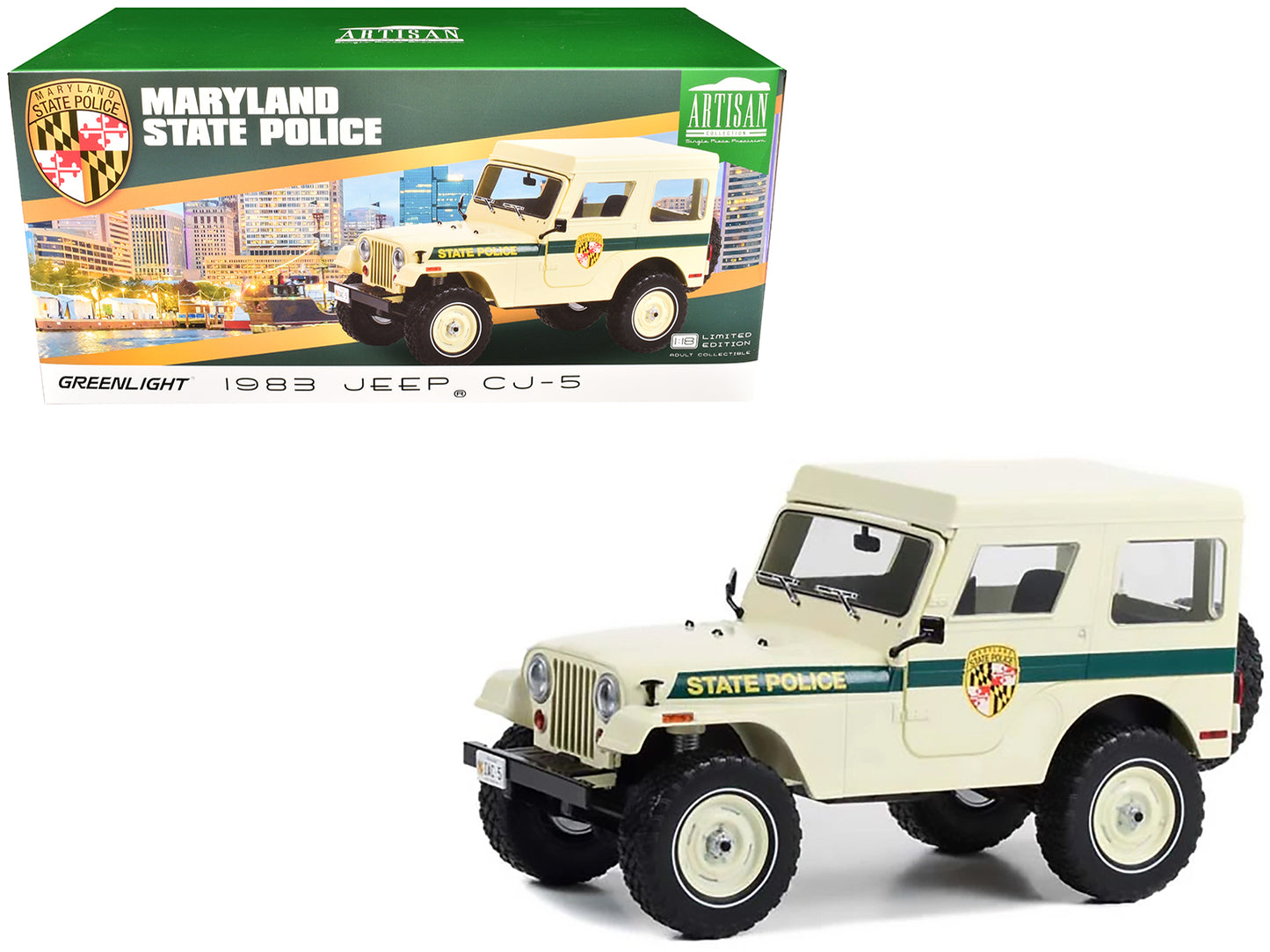 1983 Jeep CJ-5 Hardtop "Maryland State Police" Beige with Green Stripes "Artisan Collection" Series 1/18 Diecast Model Car by Greenlight