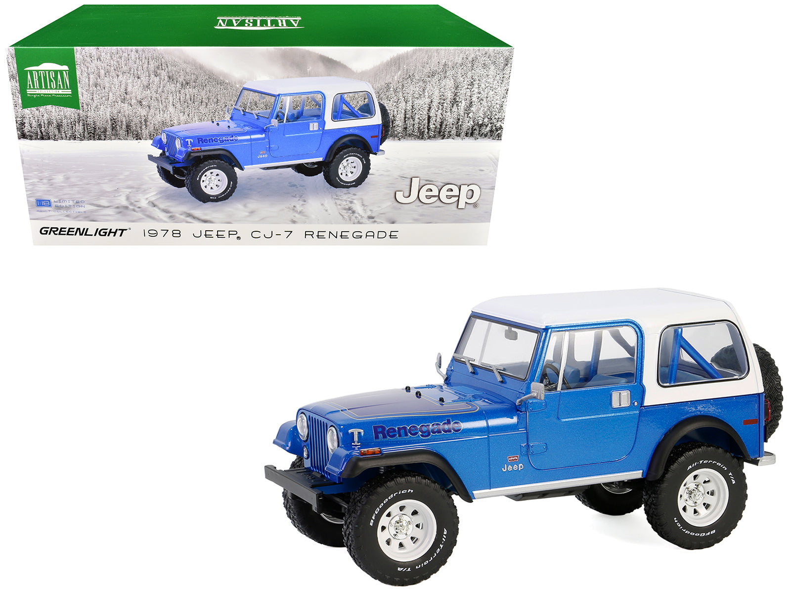 1978 Jeep CJ-7 Renegade Captain Blue Metallic with White Top "Artisan Collection" Series 1/18 Diecast Model Car by Greenlight-DiecastModeler.com