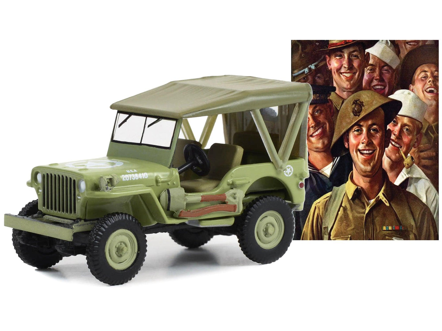 1945 Willys MB Jeep Light Green "U.S. Army" "Norman Rockwell" Series 5 1/64 Diecast Model Car by Greenlight-DiecastModeler.com