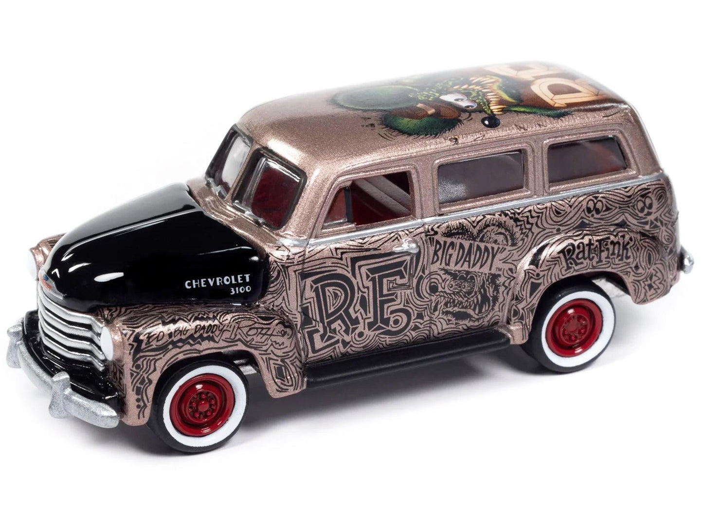 1950 Chevrolet 3100 Suburban Bronze Metallic with Black Hood "Rat Fink" Pop Culture 2024 Release 1 1/64 Diecast Model Car by Johnny Lightning-DiecastModeler.com