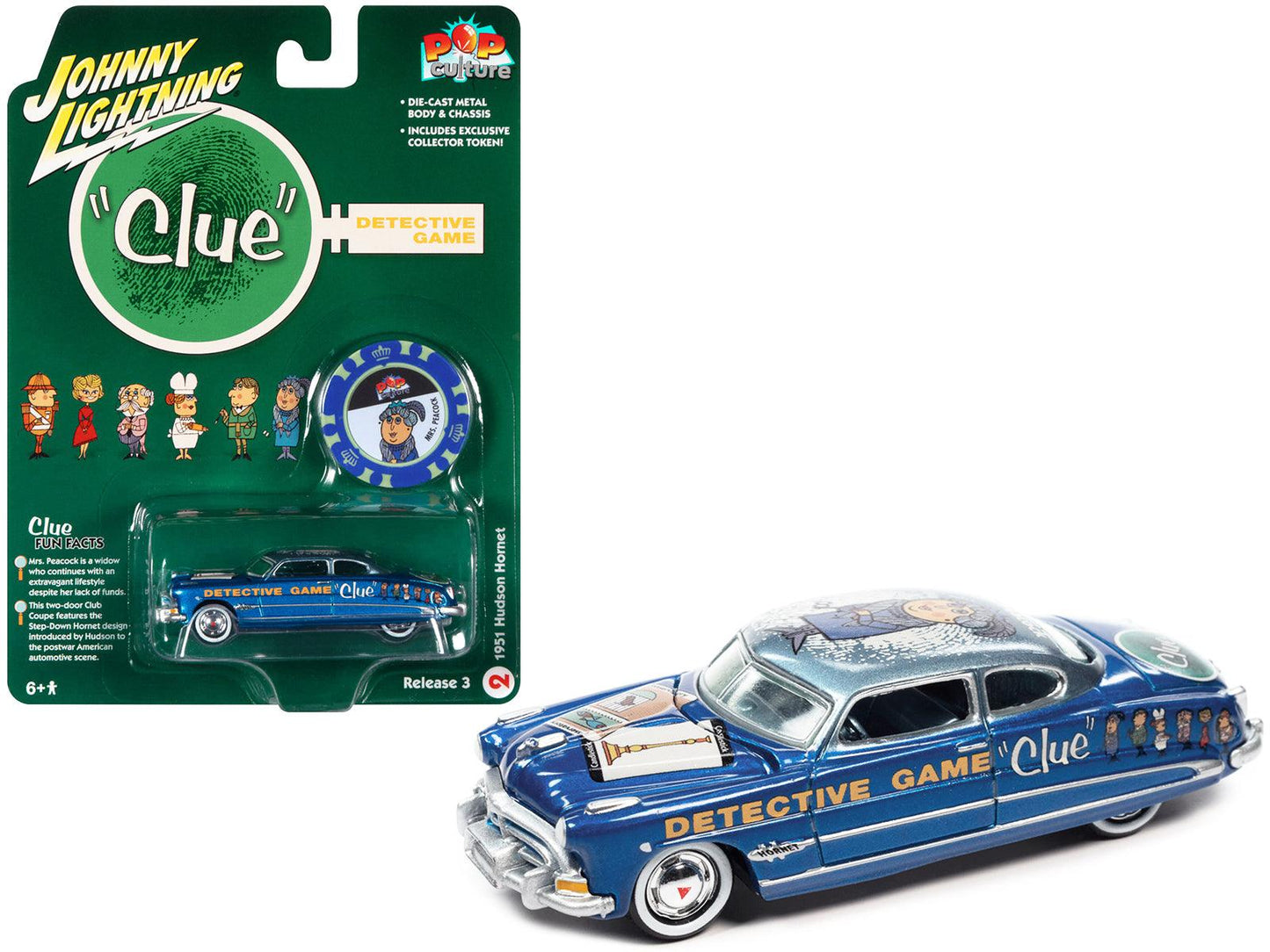 1951 Hudson Hornet Blue Metallic "Vintage Clue Mrs. Peacock" with Poker Chip Collector's Token "Pop Culture" 2022 Release 3 1/64 Diecast Model Car by Johnny Lightning-DiecastModeler.com