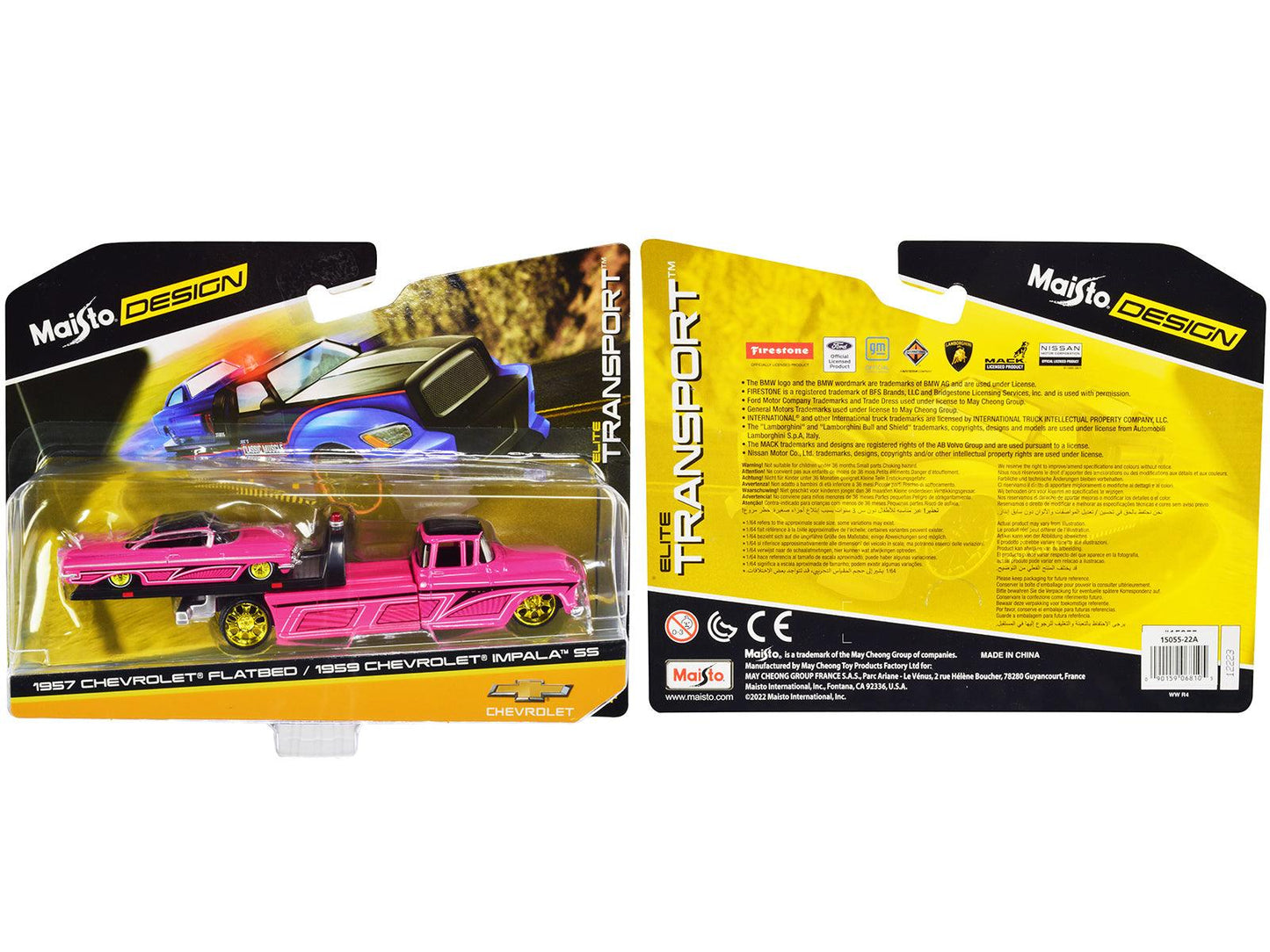 1957 Chevrolet Flatbed Truck and 1959 Chevrolet Impala SS Hot Pink with Black Top and Graphics "Elite Transport" Series 1/64 Diecast Models by Maisto-DiecastModeler.com