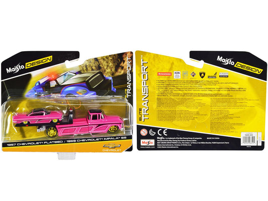 1957 Chevrolet Flatbed Truck and 1959 Chevrolet Impala SS Hot Pink with Black Top and Graphics "Elite Transport" Series 1/64 Diecast Models by Maisto-DiecastModeler.com