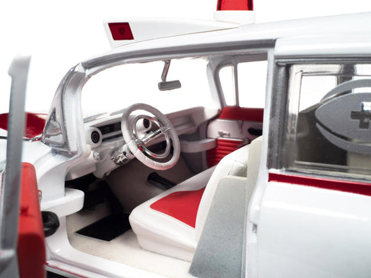 1959 Cadillac Eldorado Ambulance Red and White 1/18 Diecast Model by Auto World-DiecastModeler.com