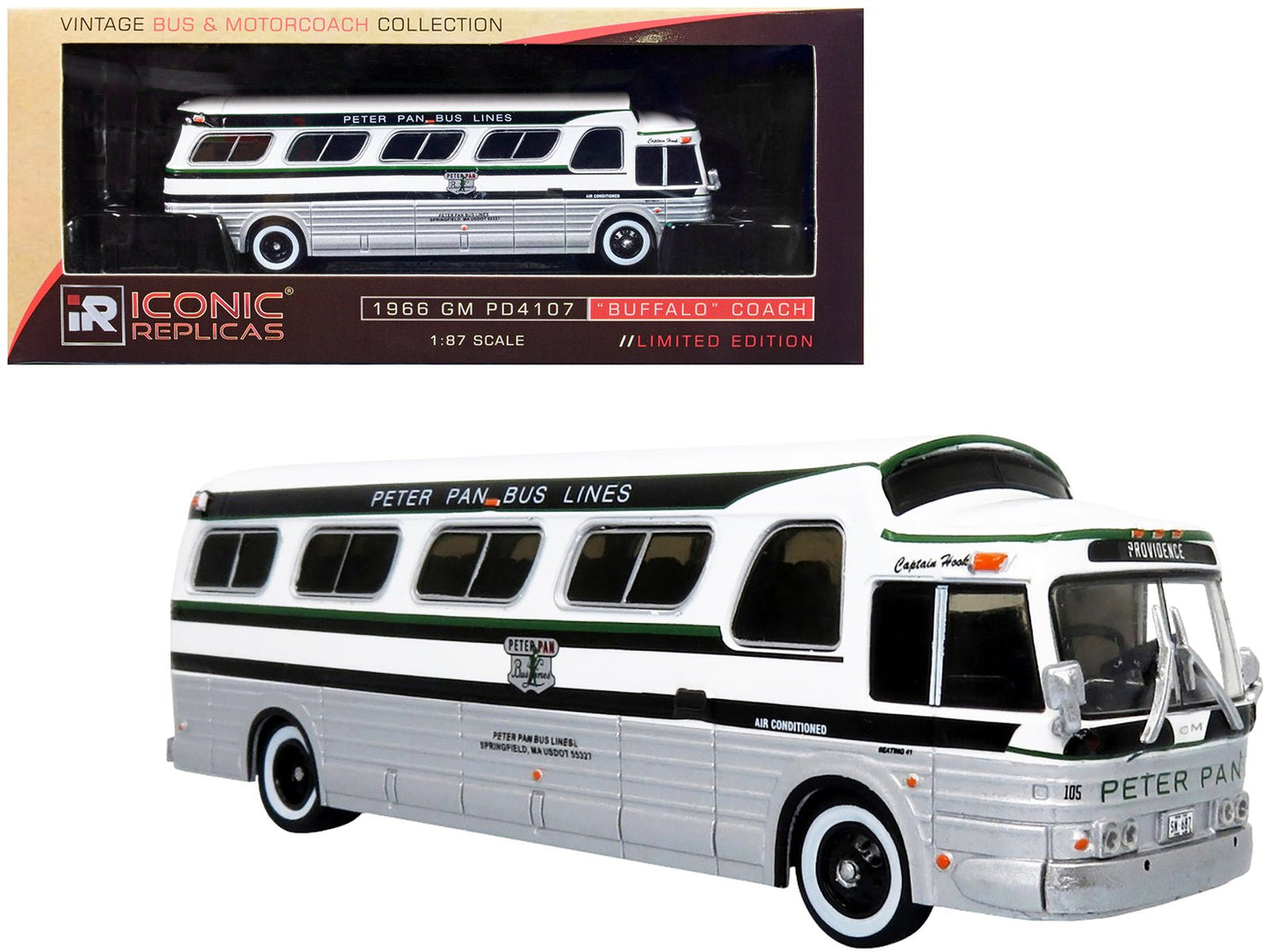 1966 GM PD4107 "Buffalo" Coach Bus "Peter Pan Bus Lines" Destination: "Providence" (Rhode Island) "Vintage Bus & Motorcoach Collection" 1/87 Diecast Model by Iconic Replicas-DiecastModeler.com