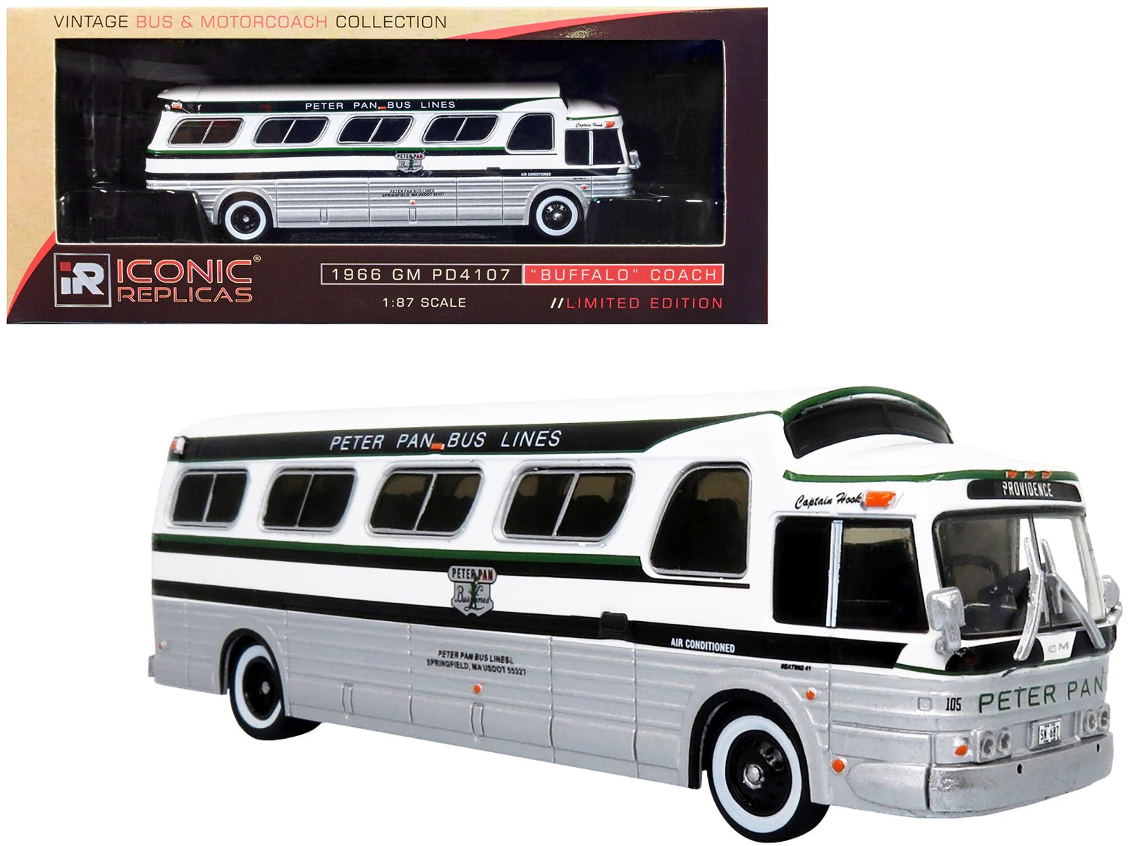 1966 GM PD4107 "Buffalo" Coach Bus "Peter Pan Bus Lines" Destination: "Providence" (Rhode Island) "Vintage Bus & Motorcoach Collection" 1/87 Diecast Model by Iconic Replicas-DiecastModeler.com