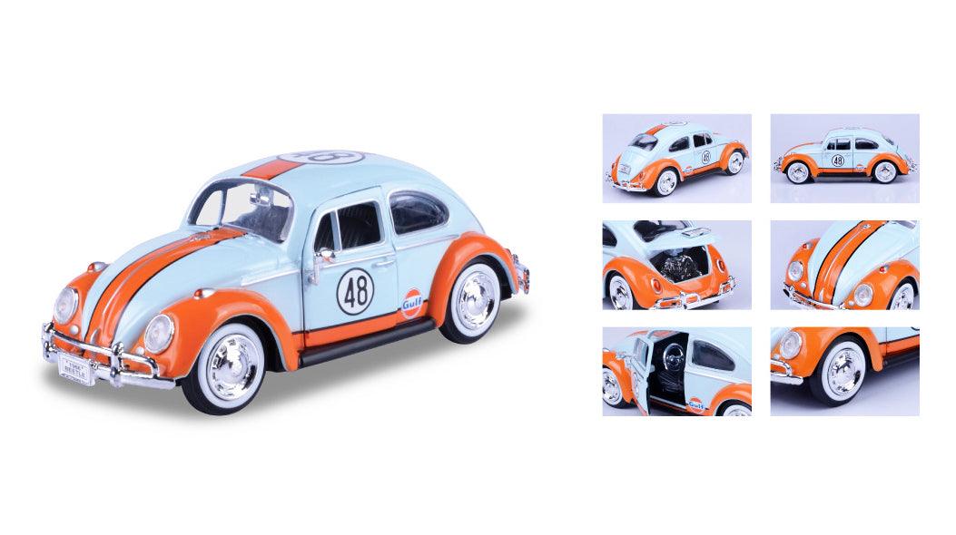 1966 Volkswagen Beetle #48 with "Gulf" Livery Light Blue with Orange Stripe 1/24 Diecast Model Car by Motormax-DiecastModeler.com