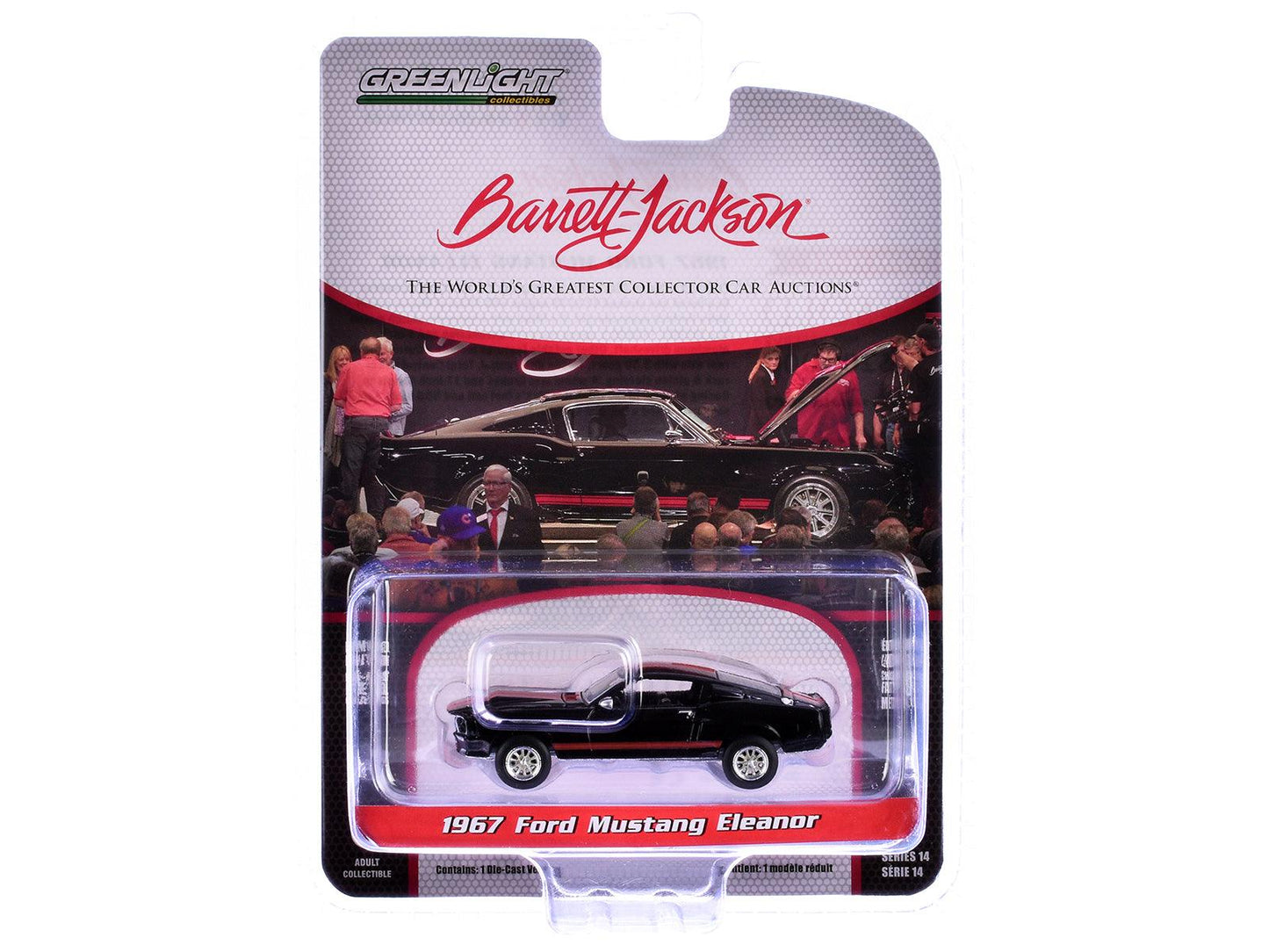 1967 Ford Mustang Eleanor Raven Black with Red Stripes (Scottsdale 2023) Barrett Jackson "Scottsdale Edition" Series 14 1/64 Diecast Model Car by Greenlight-DiecastModeler.com