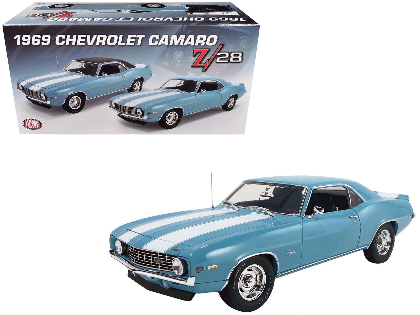 1969 Chevrolet Camaro Z/28 Carolina Blue with White Stripes Limited Edition to 420 pieces Worldwide 1/18 Diecast Model Car by ACME-DiecastModeler.com