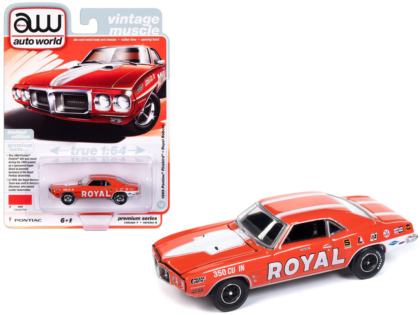 1969 Pontiac Firebird Royal Bobcat Carousel Red with White Stripes and Graphics "Vintage Muscle" Limited Edition 1/64 Diecast Model Car by Auto World-DiecastModeler.com