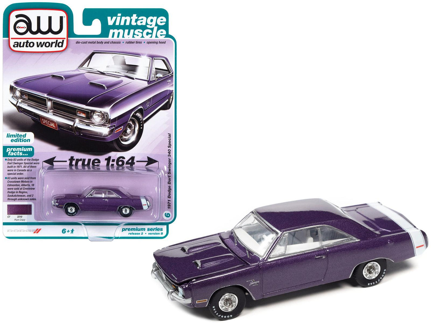 1971 Dodge Dart Swinger 340 Special Plum Crazy Purple Metallic with White Tail Stripe "Vintage Muscle" Limited Edition 1/64 Diecast Model Car by Auto World-DiecastModeler.com