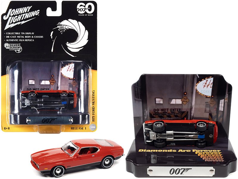 1971 Ford Mustang Mach 1 Red with Collectible Tin Display "007" (James Bond) "Diamonds Are Forever" (1971) Movie "60 Years Of Bond" 1/64 Diecast Model Car by Johnny Lightning-DiecastModeler.com