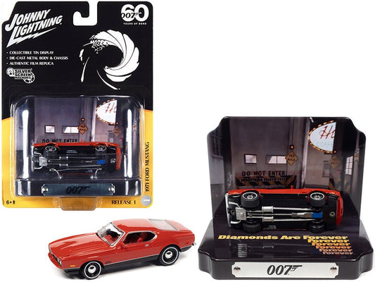 1971 Ford Mustang Mach 1 Red with Collectible Tin Display "007" (James Bond) "Diamonds Are Forever" (1971) Movie "60 Years Of Bond" 1/64 Diecast Model Car by Johnny Lightning-DiecastModeler.com