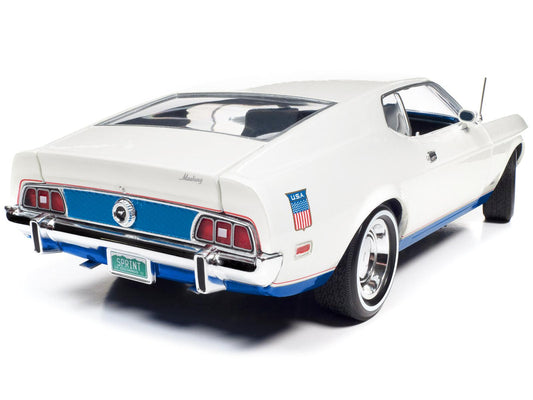 1972 Ford Mustang Sprint White with Blue Stripes "Class of 1972" "American Muscle" Series 1/18 Diecast Model Car by Auto World-DiecastModeler.com