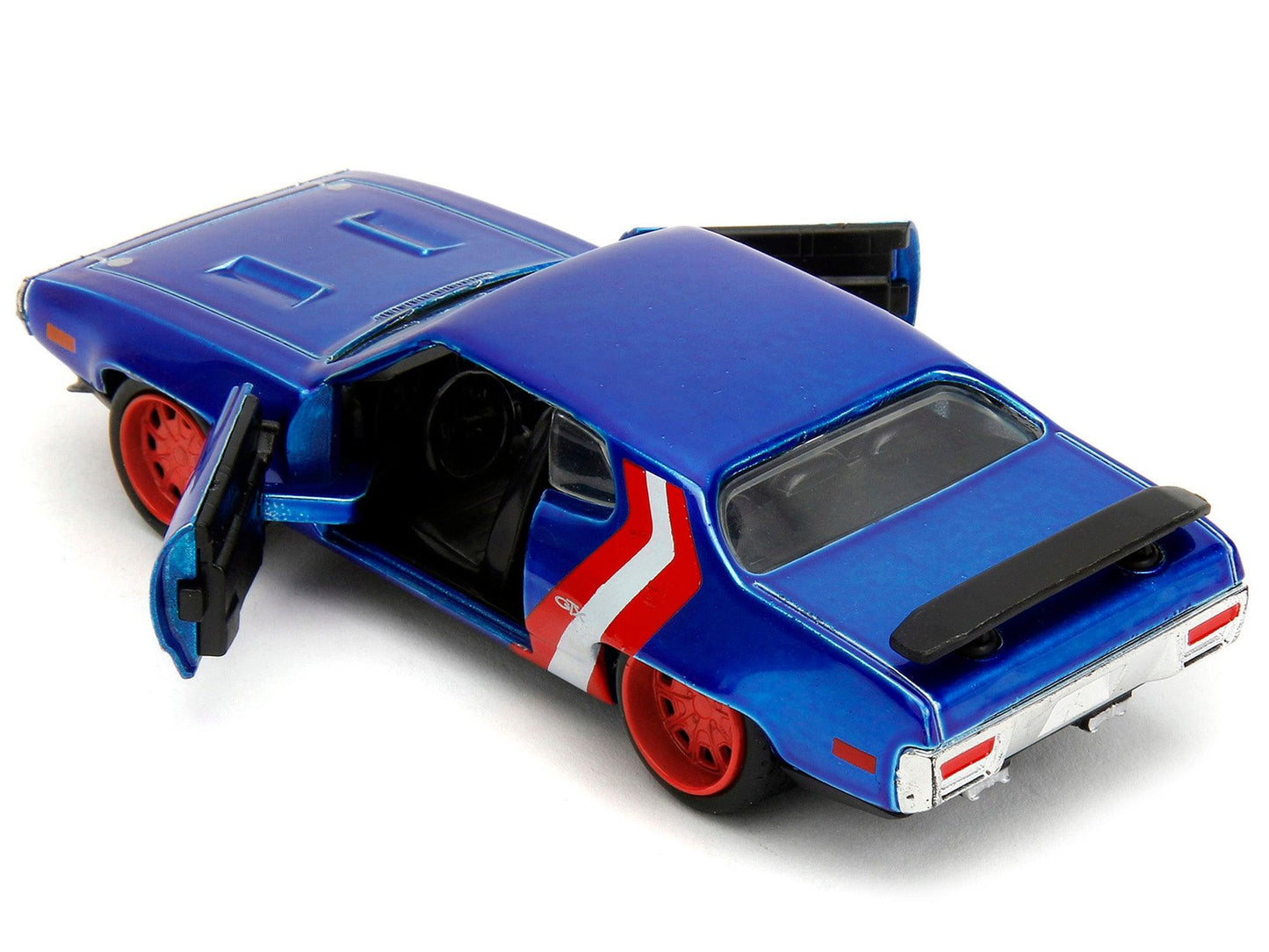 1972 Plymouth GTX Candy Blue with Red and White Stripes and Captain America Diecast Figure "The Avengers" "Hollywood Rides" Series 1/32 Diecast Model Car by Jada-DiecastModeler.com