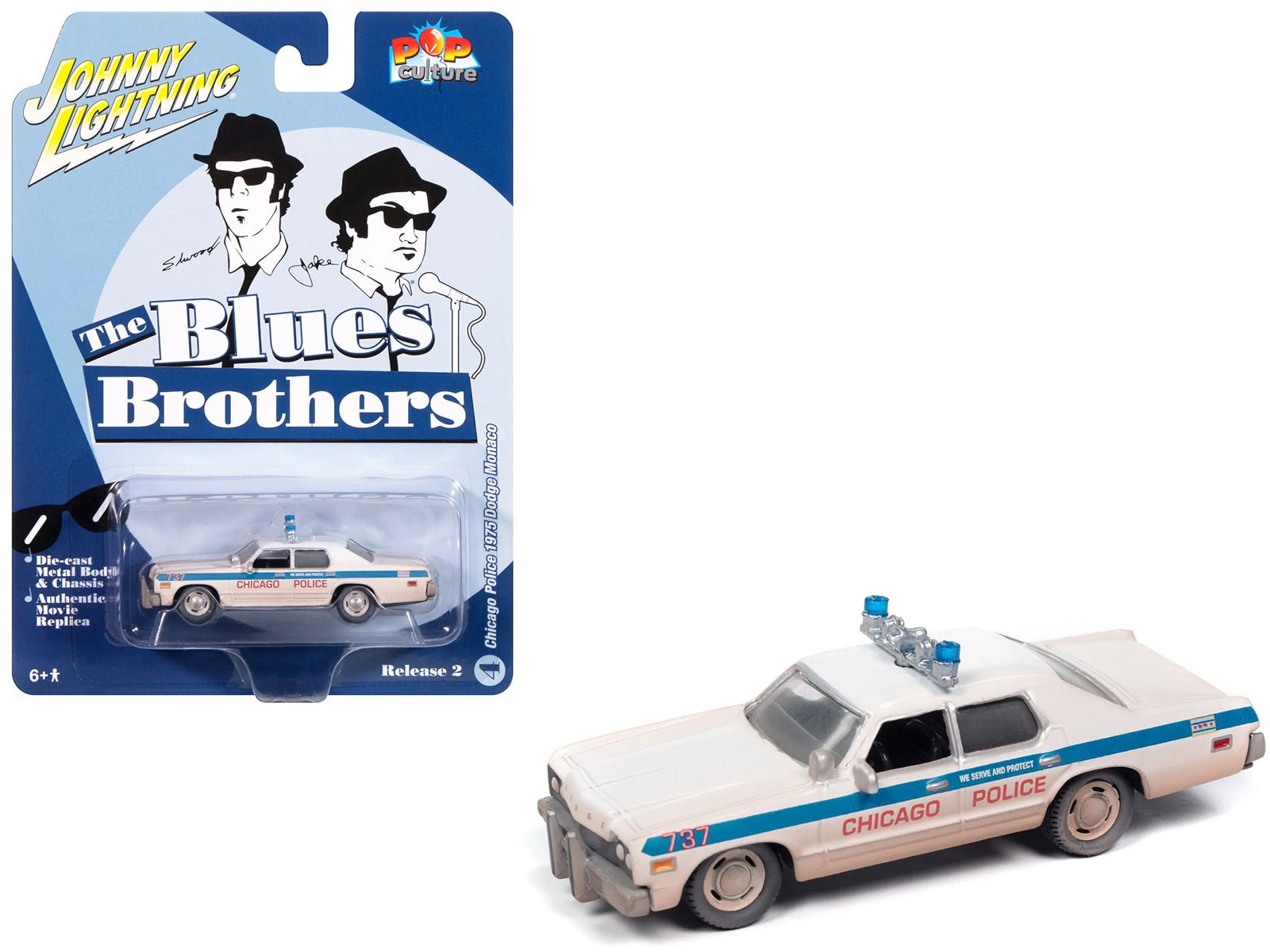 1975 Dodge Monaco "Chicago Police" White (Dirty Version) "Blues Brothers" (1980) Movie "Pop Culture" 2024 Release 2 1/64 Diecast Model Car by Johnny Lightning-DiecastModeler.com