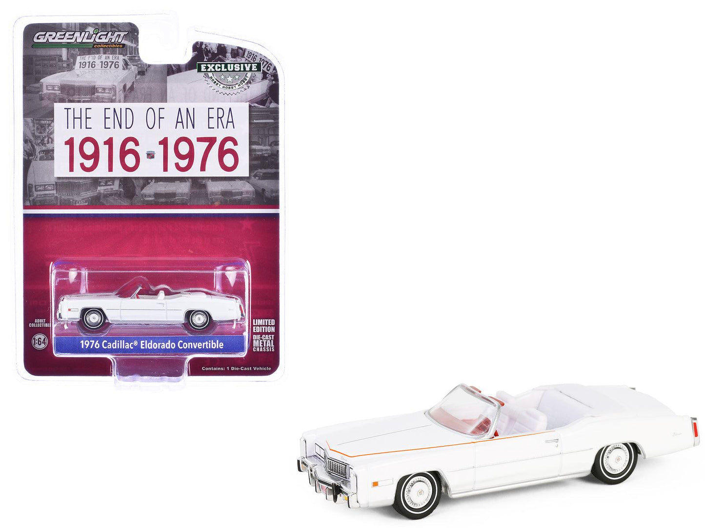 1976 Cadillac Eldorado Convertible White with Red and Blue Stripes "The End of an Era 1916-1976" "Hobby Exclusive" Series 1/64 Diecast Model Car by Greenlight-DiecastModeler.com
