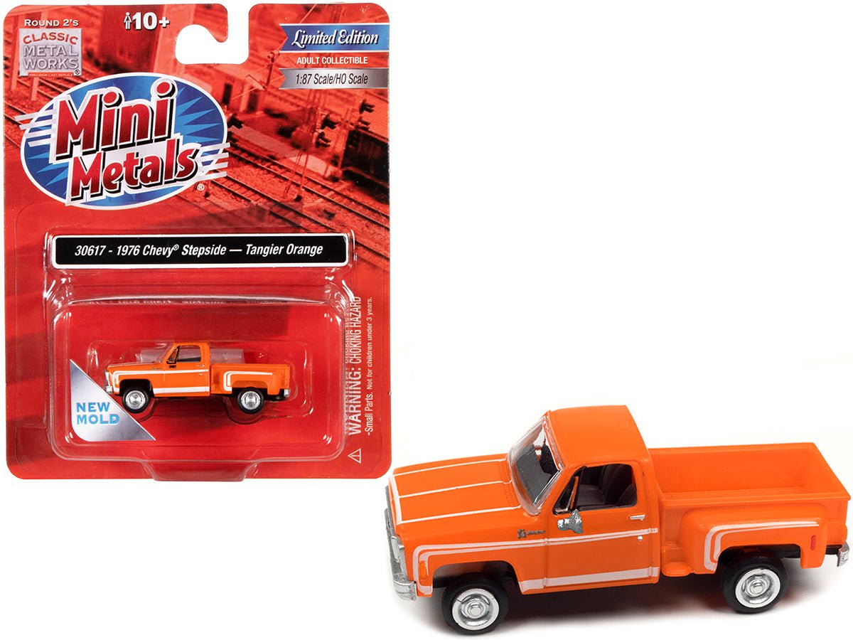 1976 Chevrolet Stepside Pickup Truck Tangier Orange with White Stripes 1/87 (HO) Scale Model Car by Classic Metal Works-DiecastModeler.com