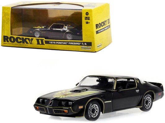 1979 Pontiac Firebird T/A Trans Am Black with Hood Phoenix "Rocky II (1979) Movie" 1/43 Diecast Model Car by Greenlight-DiecastModeler.com