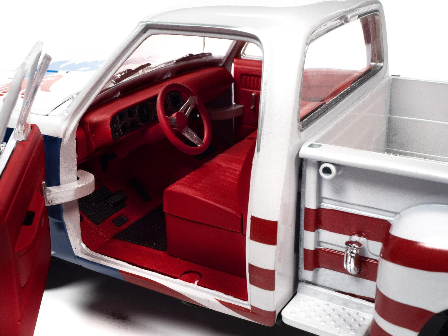 1980 Dodge D150 Adventurer Pickup Truck White with American Flag Graphics and Red Interior 1/18 Diecast Model Car by Auto World-DiecastModeler.com