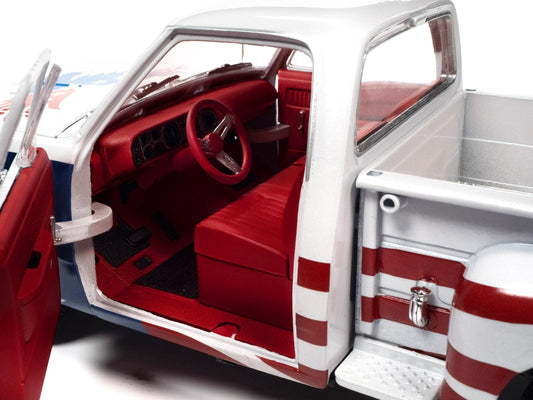 1980 Dodge D150 Adventurer Pickup Truck White with American Flag Graphics and Red Interior 1/18 Diecast Model Car by Auto World-DiecastModeler.com