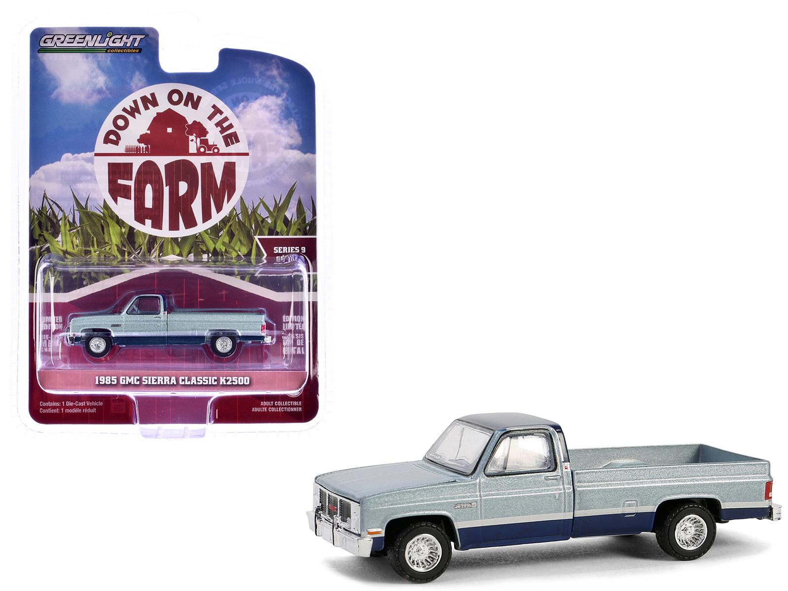 1985 GMC Sierra Classic K2500 Pickup Truck Silver Metallic and Midnight Blue "Down on the Farm" Series 9 1/64 Diecast Model by Greenlight-DiecastModeler.com