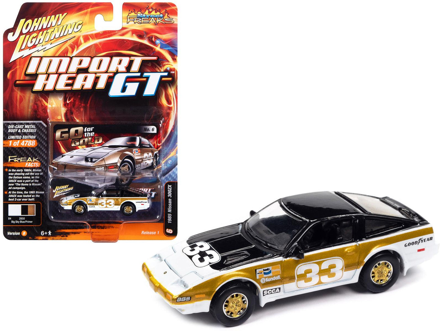 1985 Nissan 300ZX #33 Black White and Gold "Go for the Gold" "Import Heat GT" Limited Edition to 4788 pieces Worldwide "Street Freaks" Series 1/64 Diecast Model Car by Johnny Lightning-DiecastModeler.com