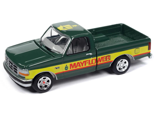 1993 Ford F-150 Pickup Truck Green and Yellow "Mayflower" with Tow Dolly "Tow & Go" Series 1/64 Diecast Model Car by Johnny Lightning-DiecastModeler.com