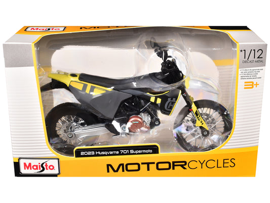 2023 Husqvarna 701 Supermoto Motorcycle Matt Black and Gray with Yellow and White Accents 1/12 Diecast Motorcycle Model by Maisto