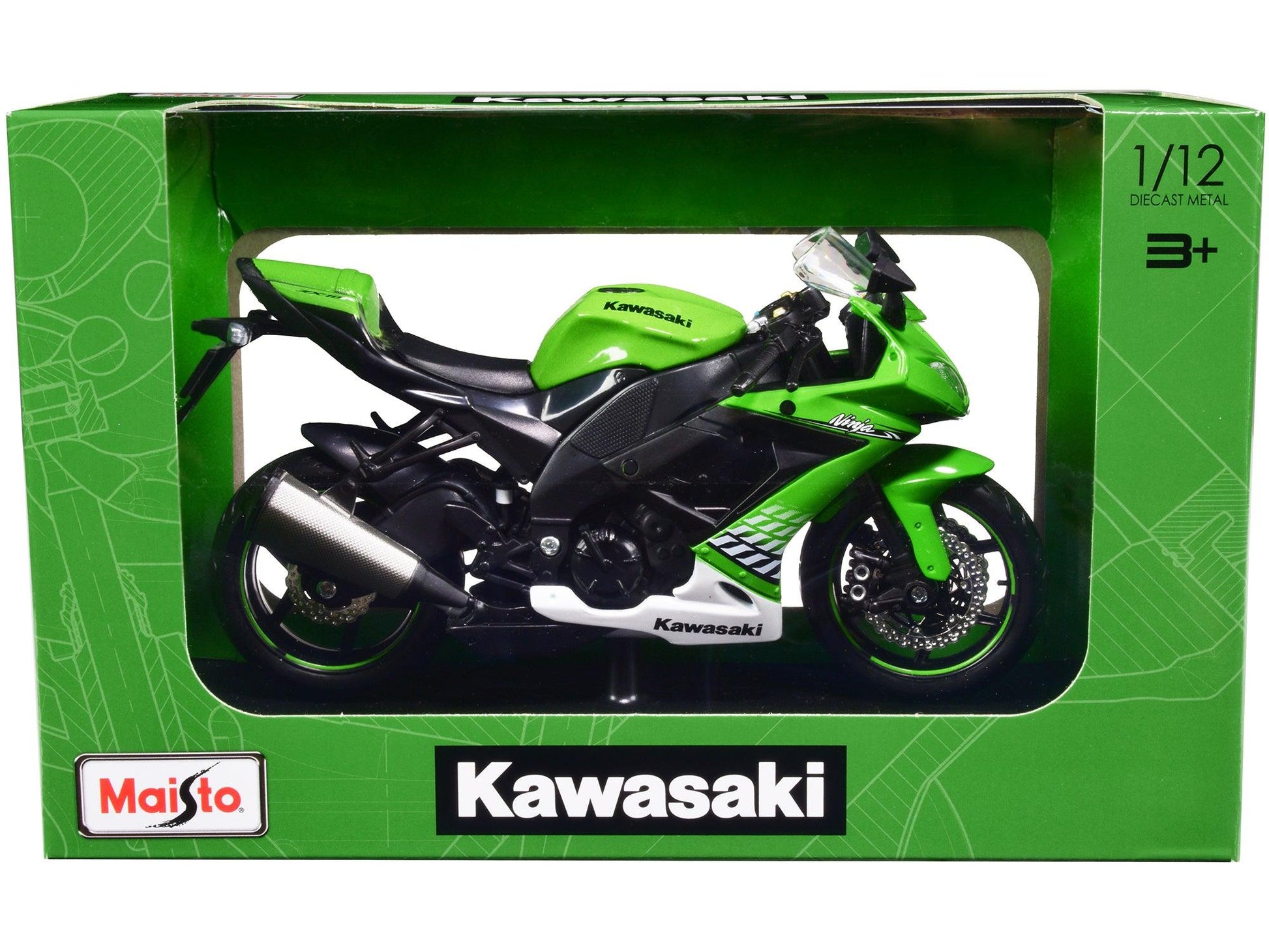 2010 Kawasaki Ninja ZX-10R Green with Plastic Display Stand 1/12 Diecast Motorcycle Model by Maisto-DiecastModeler.com