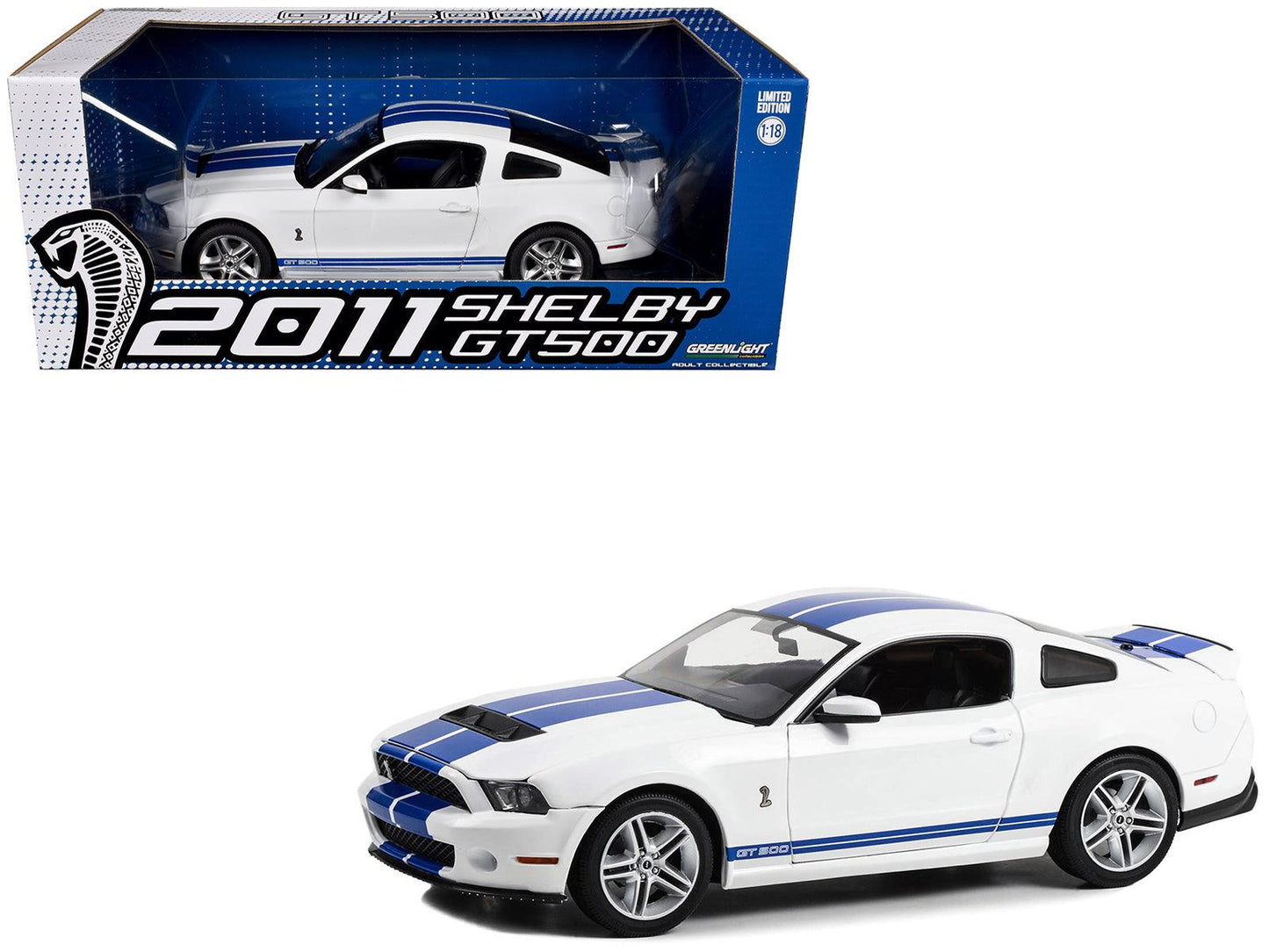 2011 Shelby GT500 Performance White with Grabber Blue Stripes 1/18 Diecast Model Car by Greenlight-DiecastModeler.com